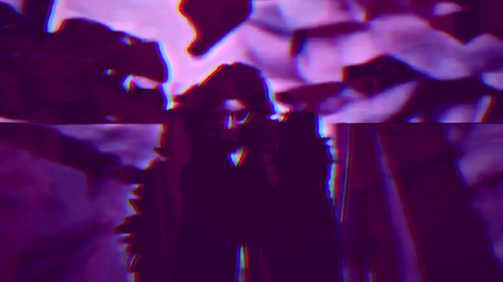 SHISHI figure against a fractured blue and magenta background